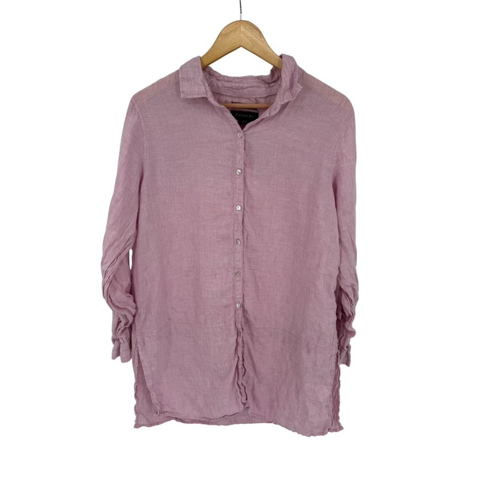 Tahari 100% Linen Top Womens L Sustainable Natural Lagenlook Minimalist Classic